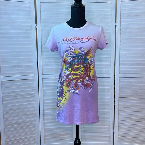 Ed Hardy Y2K Dragon & Skull Tattoo Graphic Tee Dress Small - Picture 1 of 13